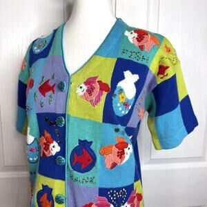 Berek Fish Sweater Cardigan Womens Small Beaded Embroidered Colorful Crochet
